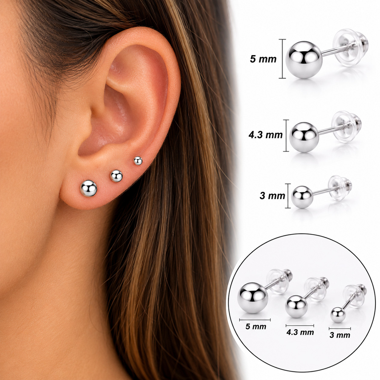 925 Sterling Silver Ball Stud Earrings For Women, Men 3mm, 4.3mm, 5mm Unisex