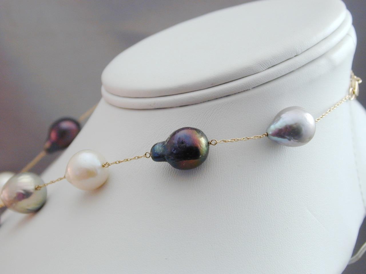 Vintage 14-18mm Gray Black White Baroque Pearl V Necklace 14k 17.75” Tahitian