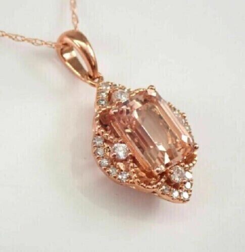 3Ct Emerald Cut Lab Created Morganite Women Pendant 14K Rose Gold Plated Silver