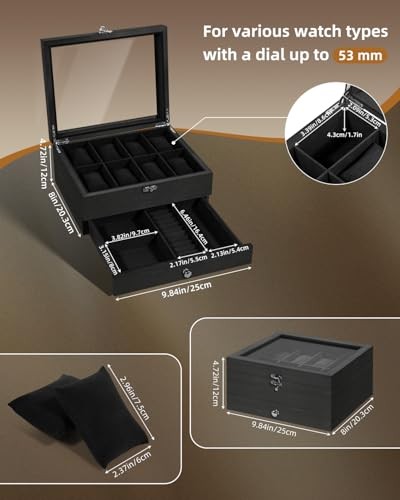 8-Slot Watch Box, 2-Layers Solid Wood Watch Display Case 2-layer 8 Slots Black