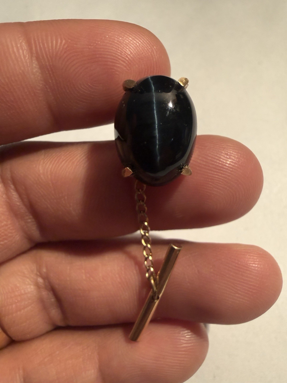 Men’s 1/5 10k Yellow Gold Tie Tack w/ Chain, Oval Black stars sapphire