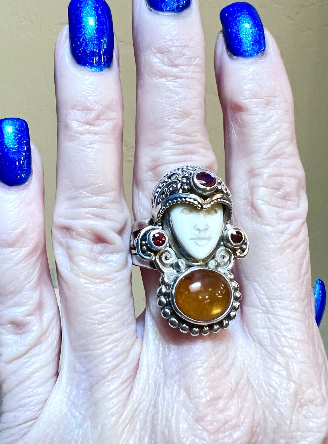 BEAUTIFUL ORNATE Sajen Sterling Silver Citrine, Garnet, Etc. Carved Goddess Ring