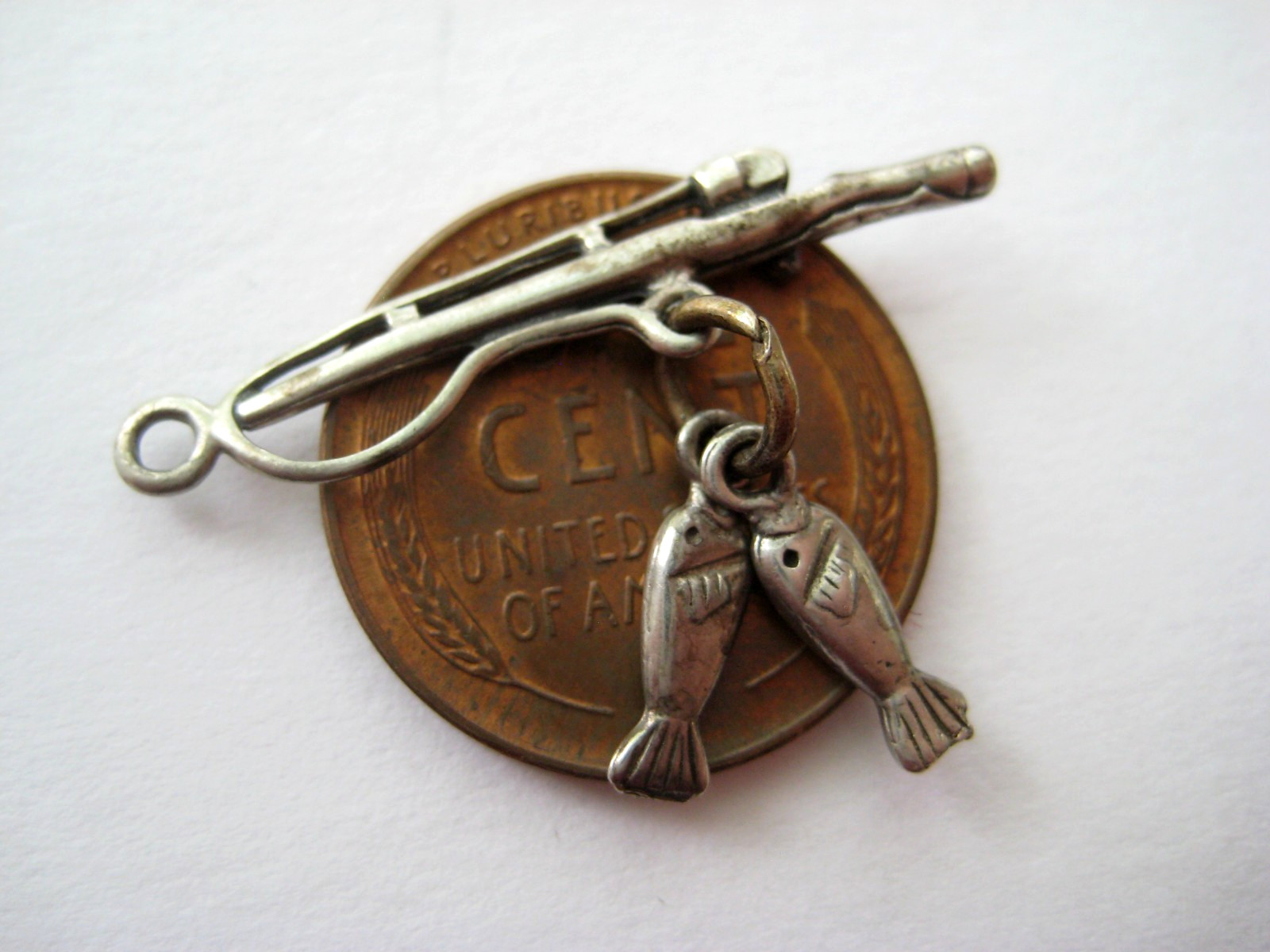VINTAGE Sterling FISHING POLE & FISH Charm Silver Bracelet Charm