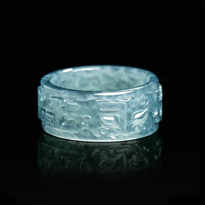Real Grade A Blue Jade Jadeite Band Men Women Lucky Dragon Pixiu Ring ID:17-23mm
