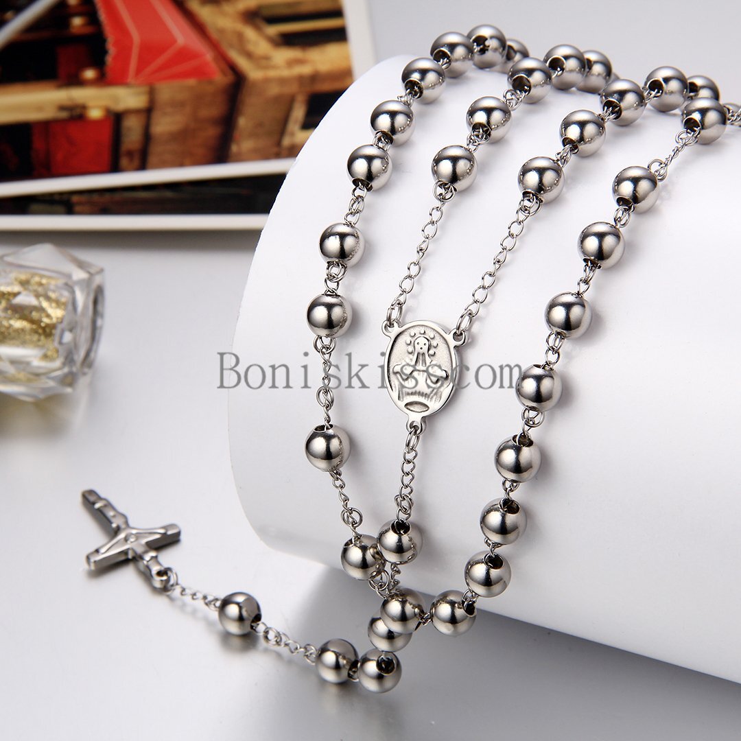 Stainless Steel Jesus Christ Crucifix Cross Rosary Bead Chain Pendant Necklace