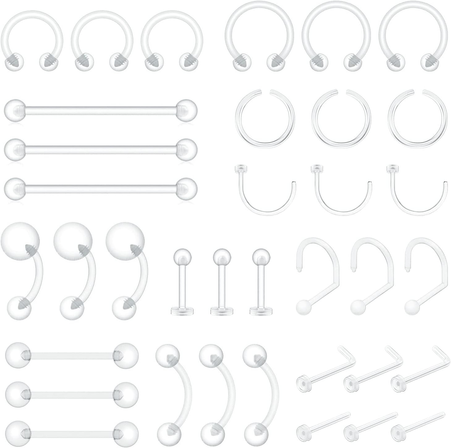 36Pcs Clear Piercing Retainers Bioflex Plastic Jewelry for Nipple Tongue Nose Se