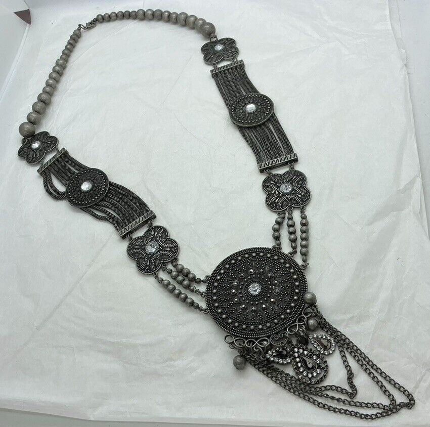 Afghan vintage necklace oxidised black metal heavy Bohemian style 82cm unusual