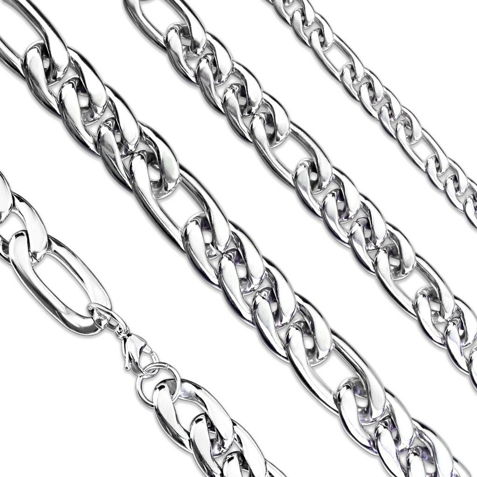 Figaro Chain Necklace 7.5mm Mens Silver Stainless Steel 15-20-inch