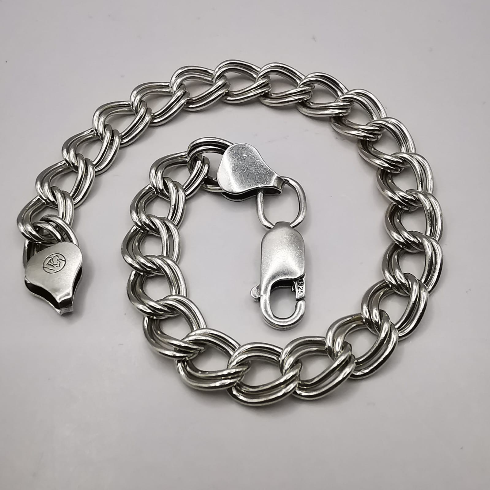 925 Sterling Silver Double Link Curb Charm Chain Bracelet 9.84g Lobster Clasp