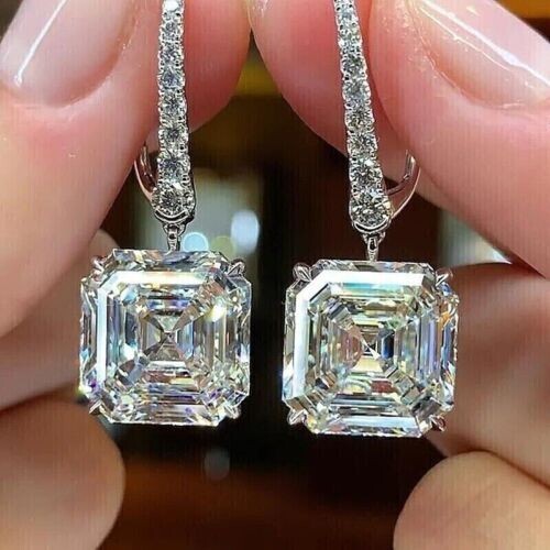 2.58ct Asscher Lab Created Diamond Solitaire Drop Leveback Earring 925 Silver