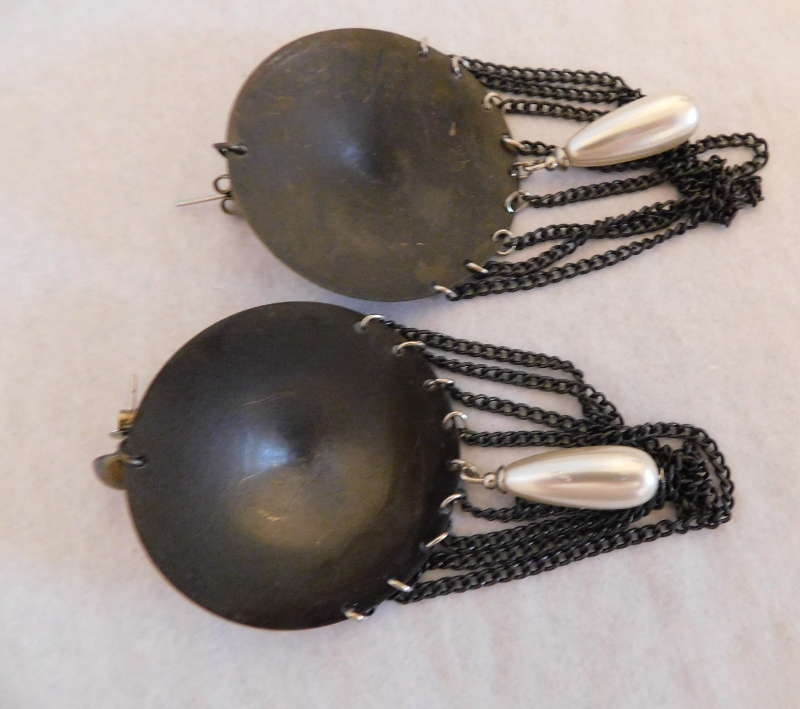 Large Dangle Earrings – Copper/Brass Color Disc / Chain / Bead – Pierced (#E191)