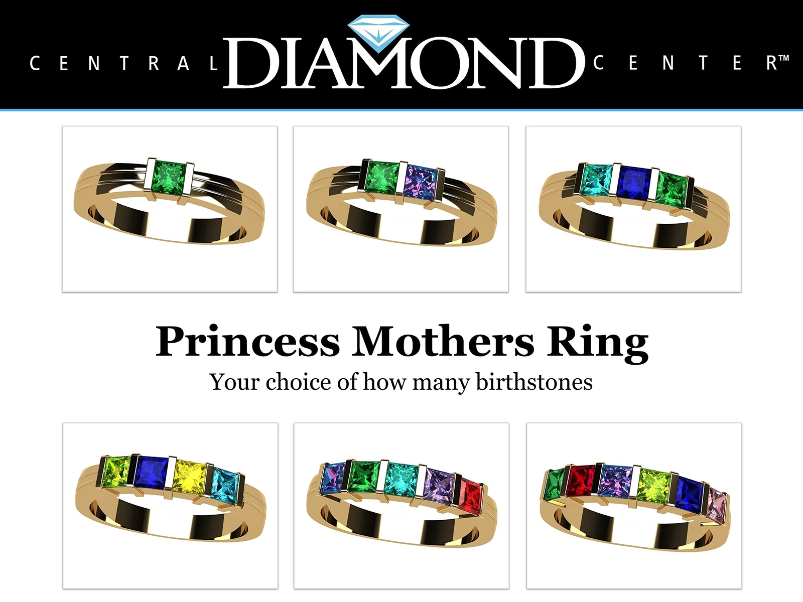 NANA Princess Mothers Ring with 1 to 6 Simulated Birthstones in Silver or 10k