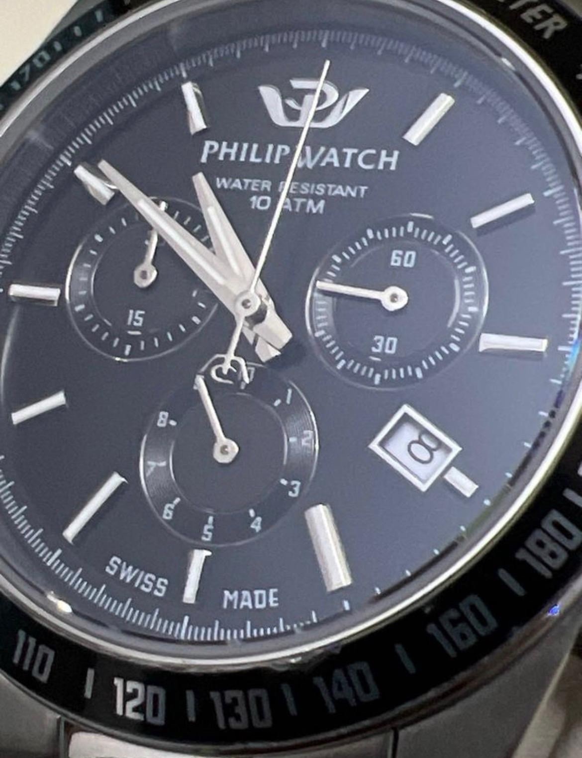 Philip Watch Caribe Men’s Watch Chronograph Black 42mm Steel New