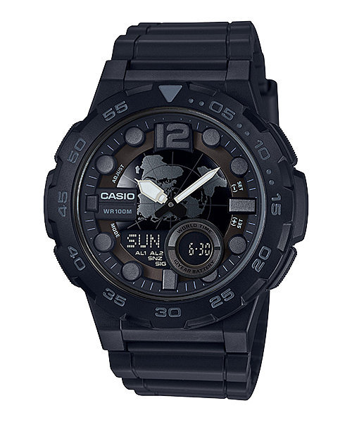 Casio AEQ100W-1BV, Digital/Analog Combo, 3 Alarms, 30 Telememo, Resin, NEW