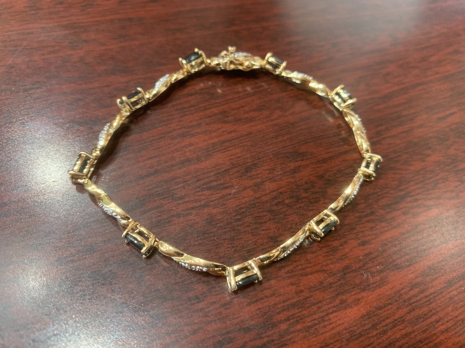 Yellow Gold Over Sterling Silver Sapphire Tennis Bracelet 7″ 8.8 Grams