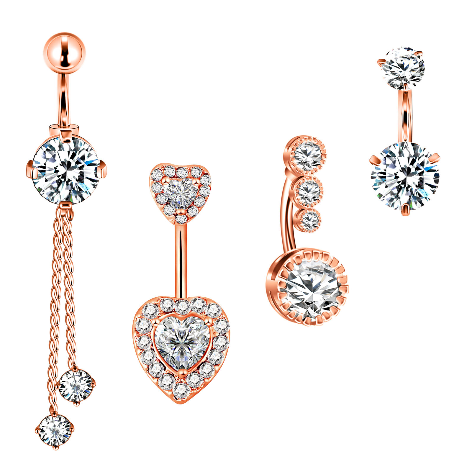 4Pcs/Set Belly Button Rings Stainless Steel Clear CZ Navel Curved Barbell 14G