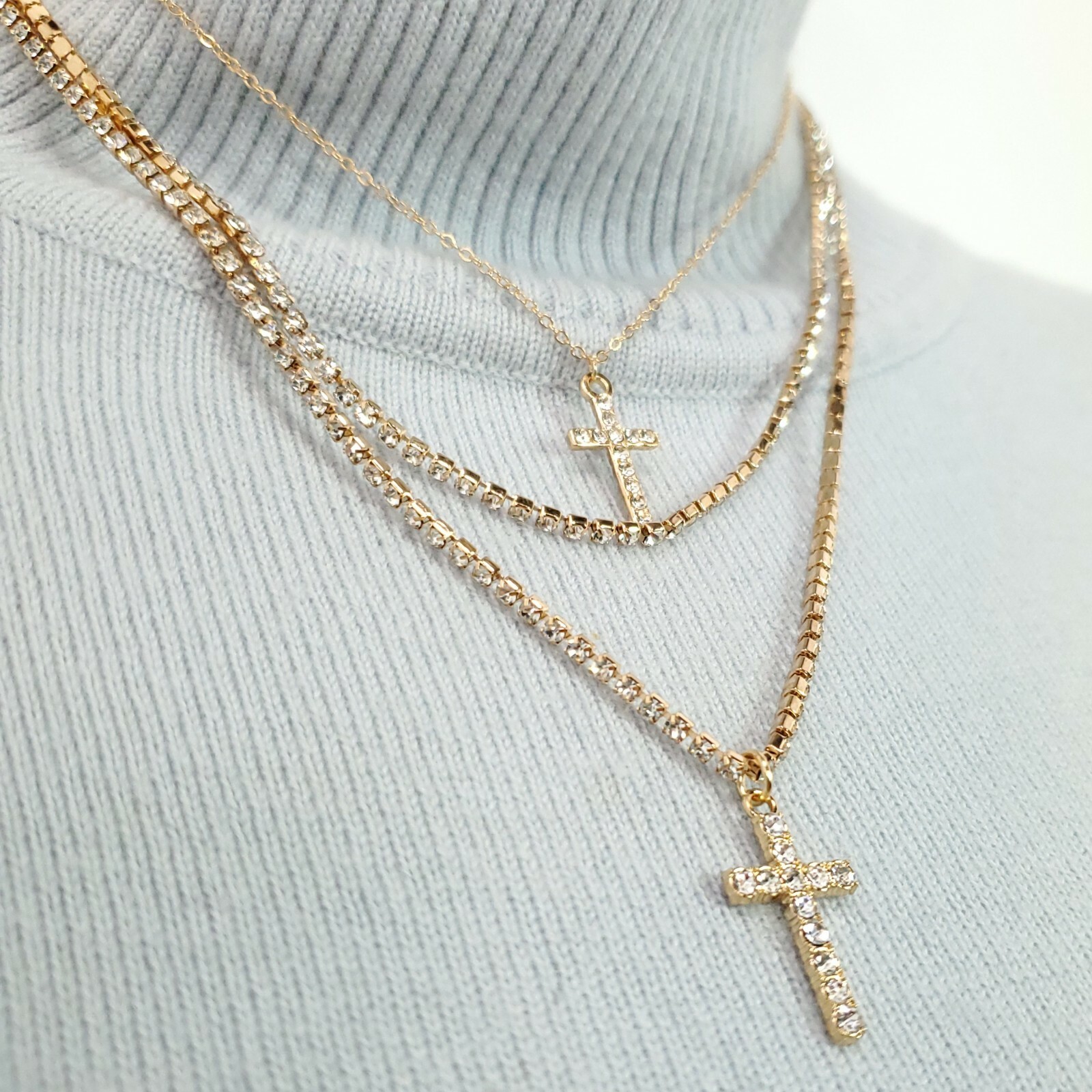 N0182 Gold Tone Base Clear Rhinestones Deco Cross Pendants 2pc Necklaces Set
