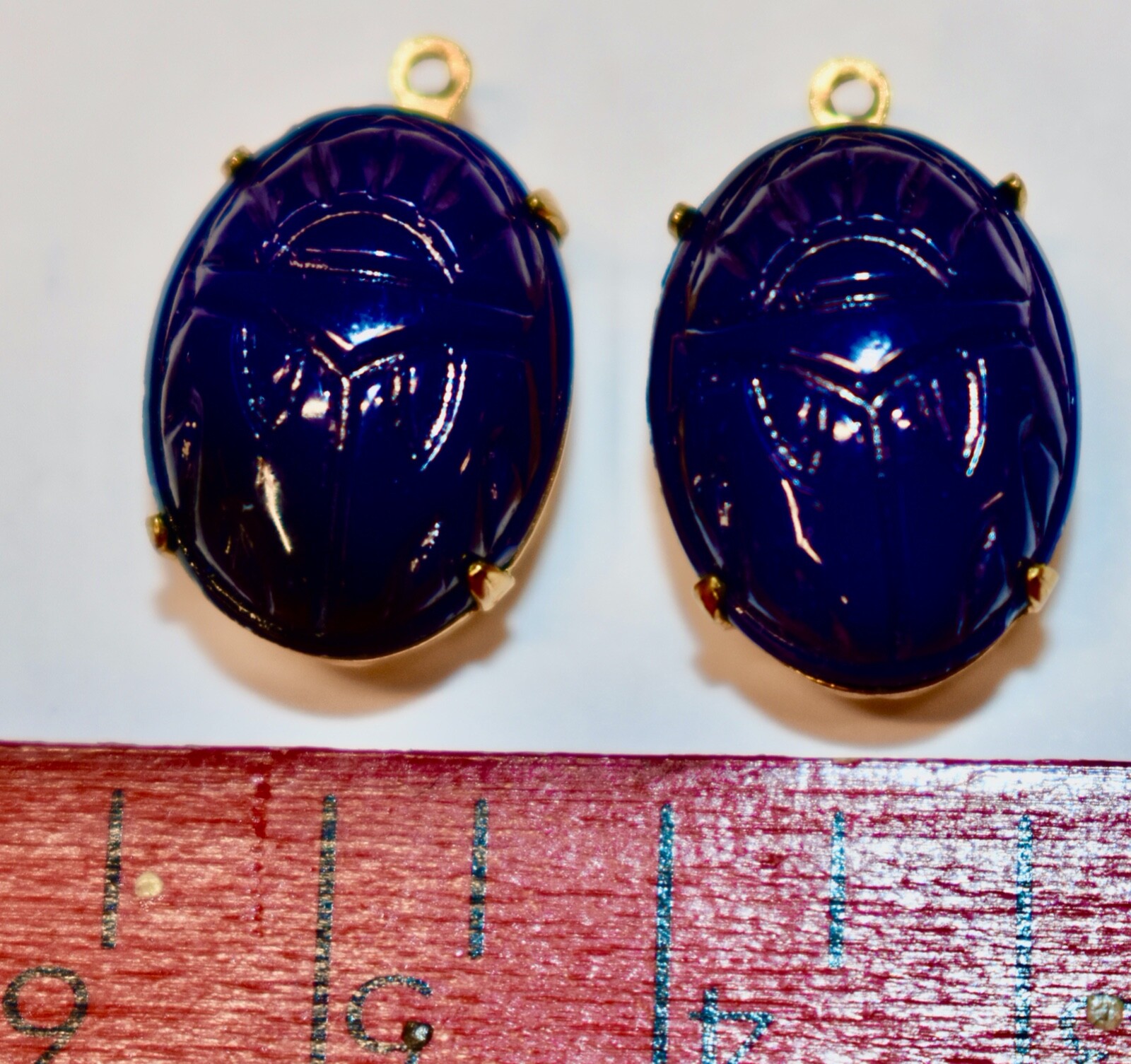 VINTAGE 2 LAPIS BLUE SCARAB-LIKE GLASS OVAL PENDANT BEADS 16x11mm HIEROGLYPHS