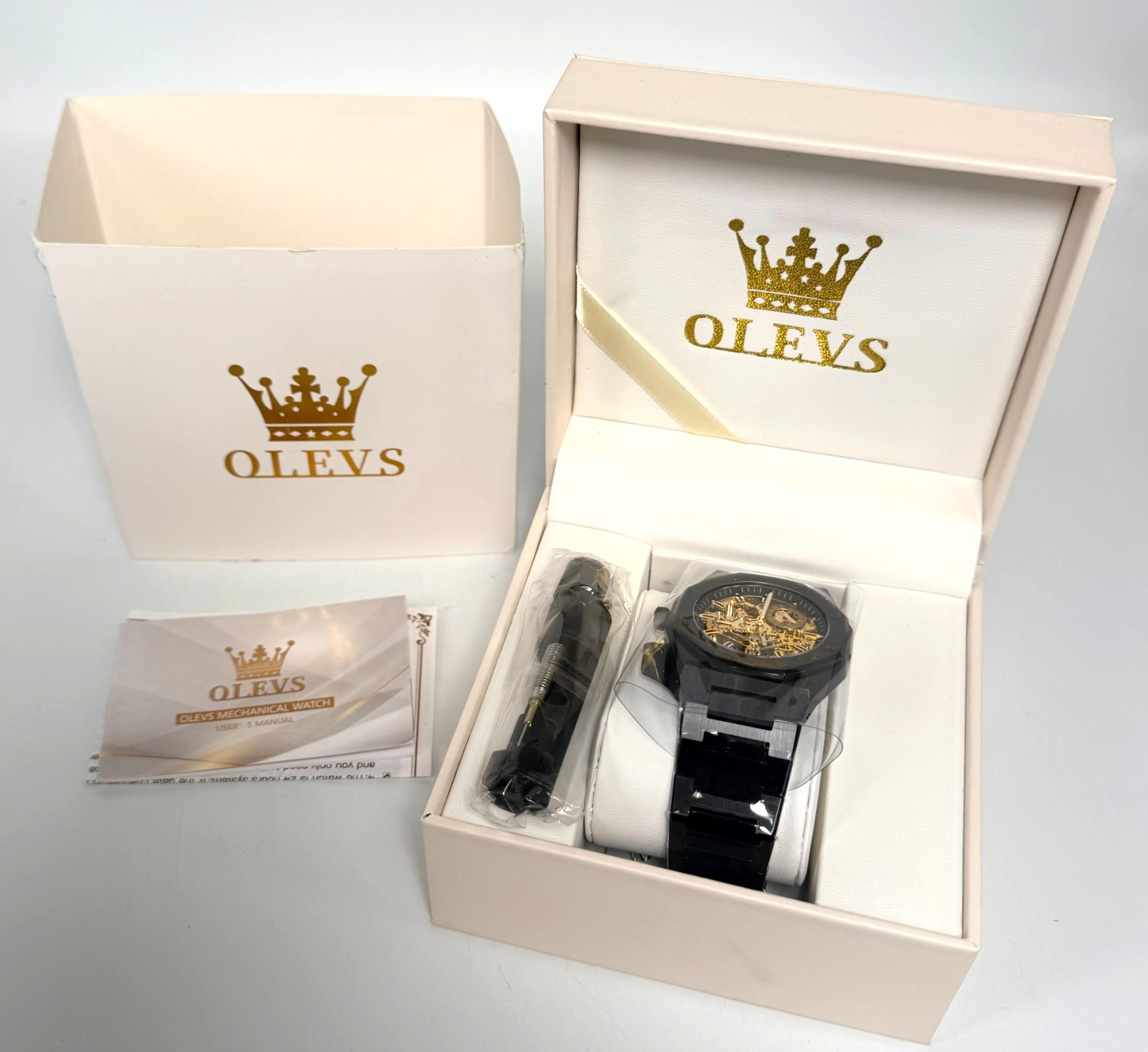 OLEVS Men Automatic Skeleton Mechanical Watch – Black / Gold *NEW IN GIFT BOX*