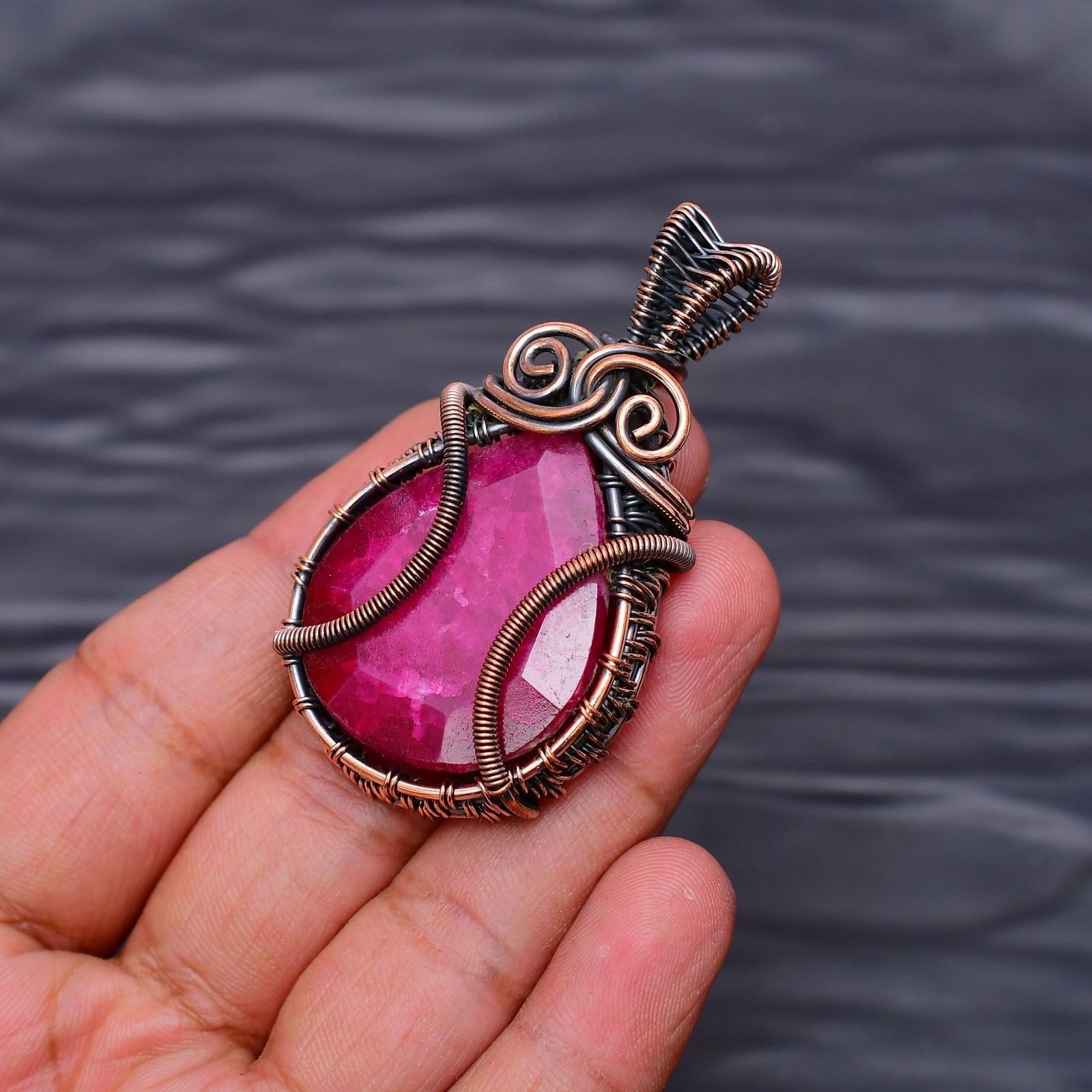 Ruby(Lab-Created) Gemstone copper wire wrapped Handmade pendant Jewelry 2.28″