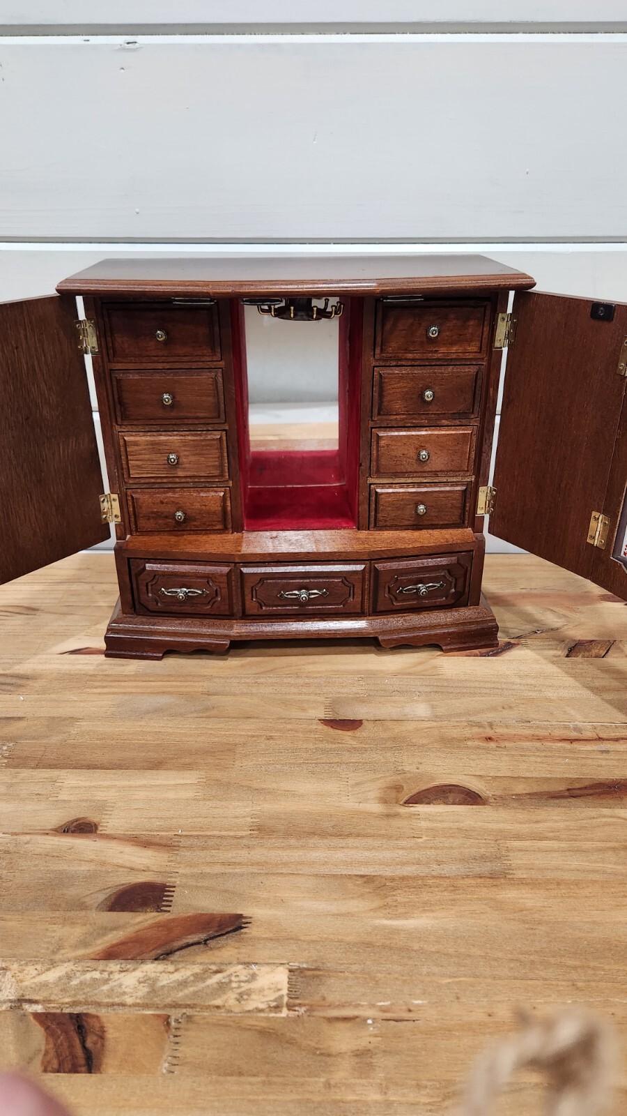 Wood Jewelry Box Table Top Velvet Lined Drawers 13″ X 14″ Vintage Taiwan
