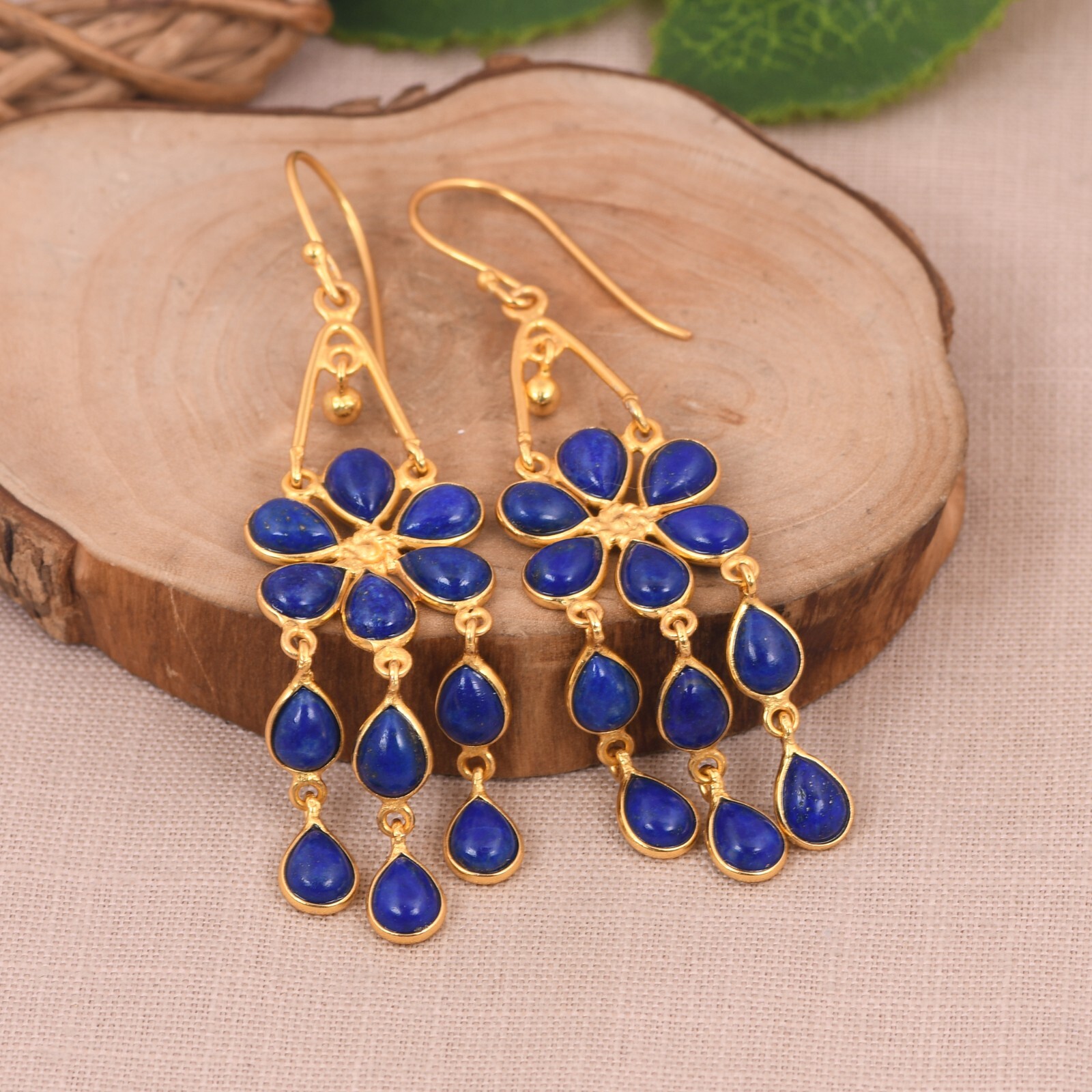 Artisan Fringe Drop Gold Plated Women’s Earrings Lapis Lazuli For Birthday Gift