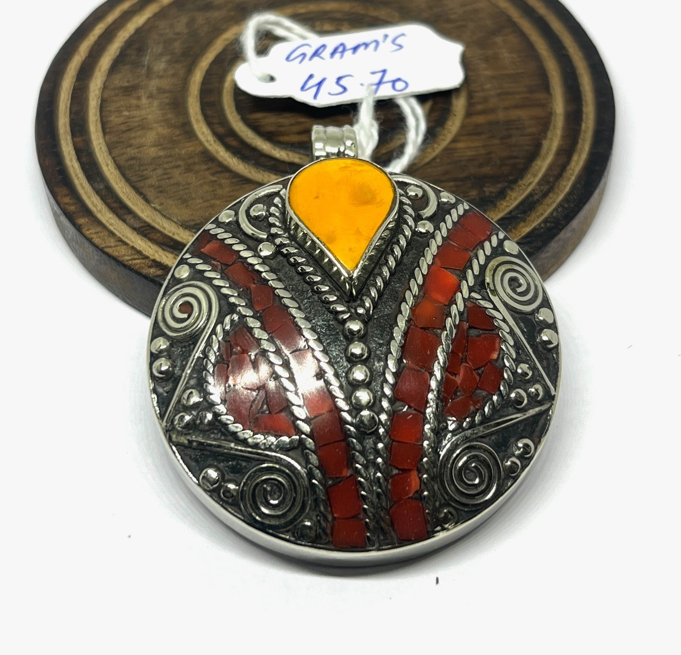 Antique Red Coral Amber Gemstone Tibetan Statement Pendant Jewelry, 2.0 inch