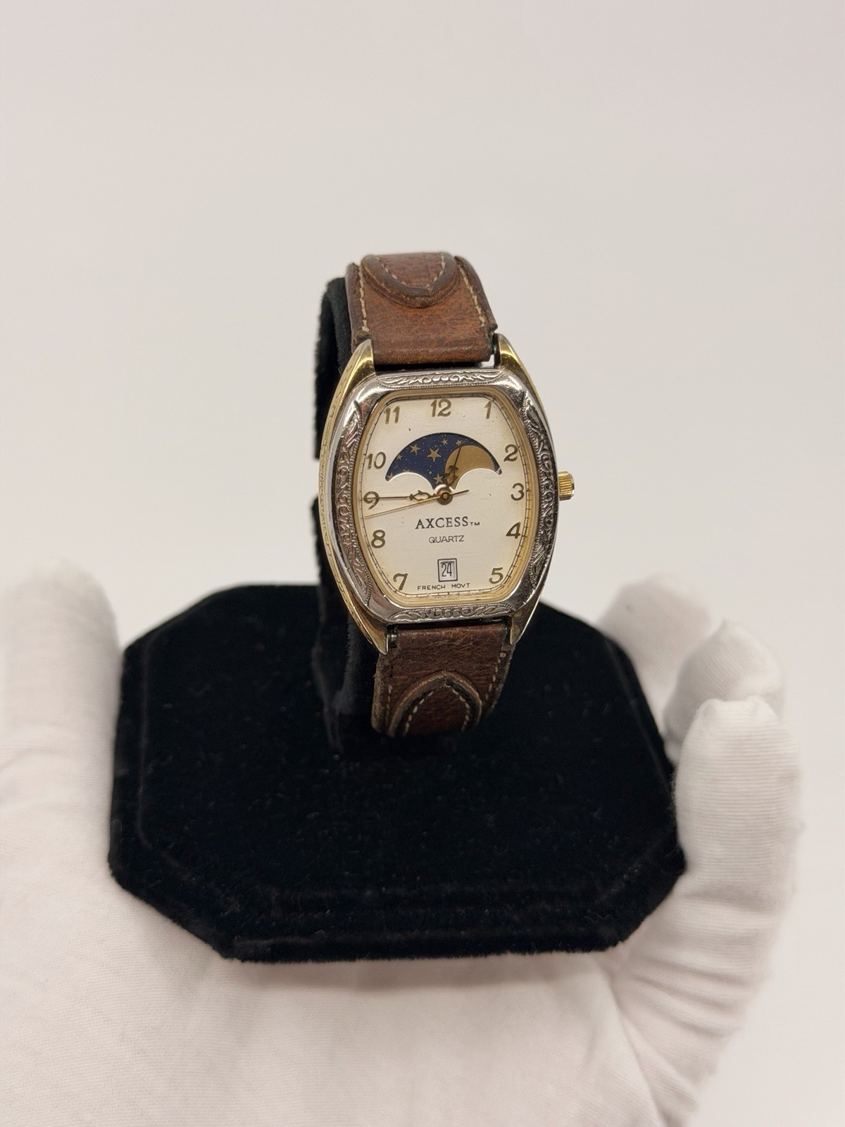 Vintage AXCESS Moon Phase Quartz Watch French Movt Date Western Leather Band