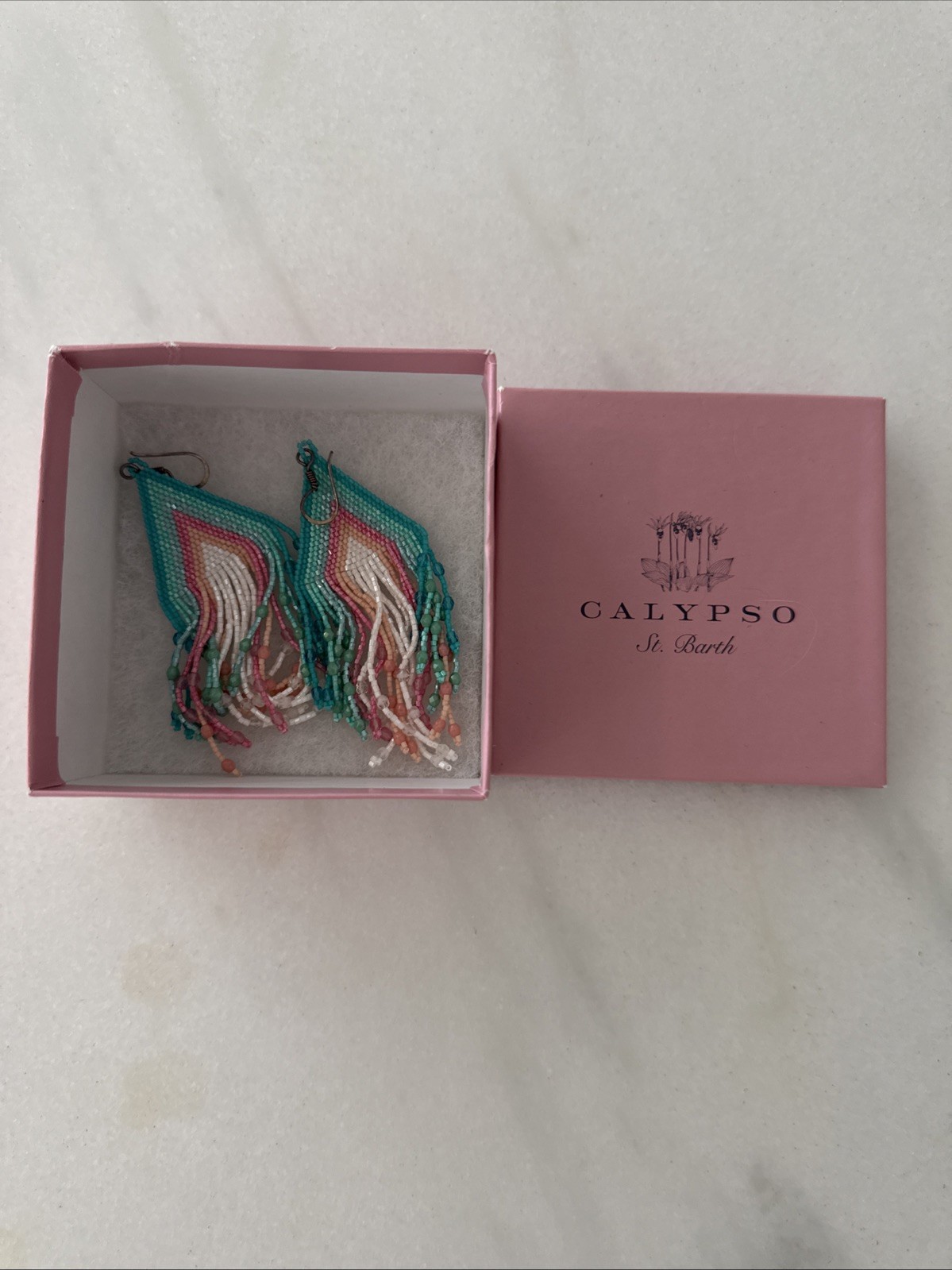 Beaded Calypso Drop Earrings. Aqua Blue, Pink, Peach And White