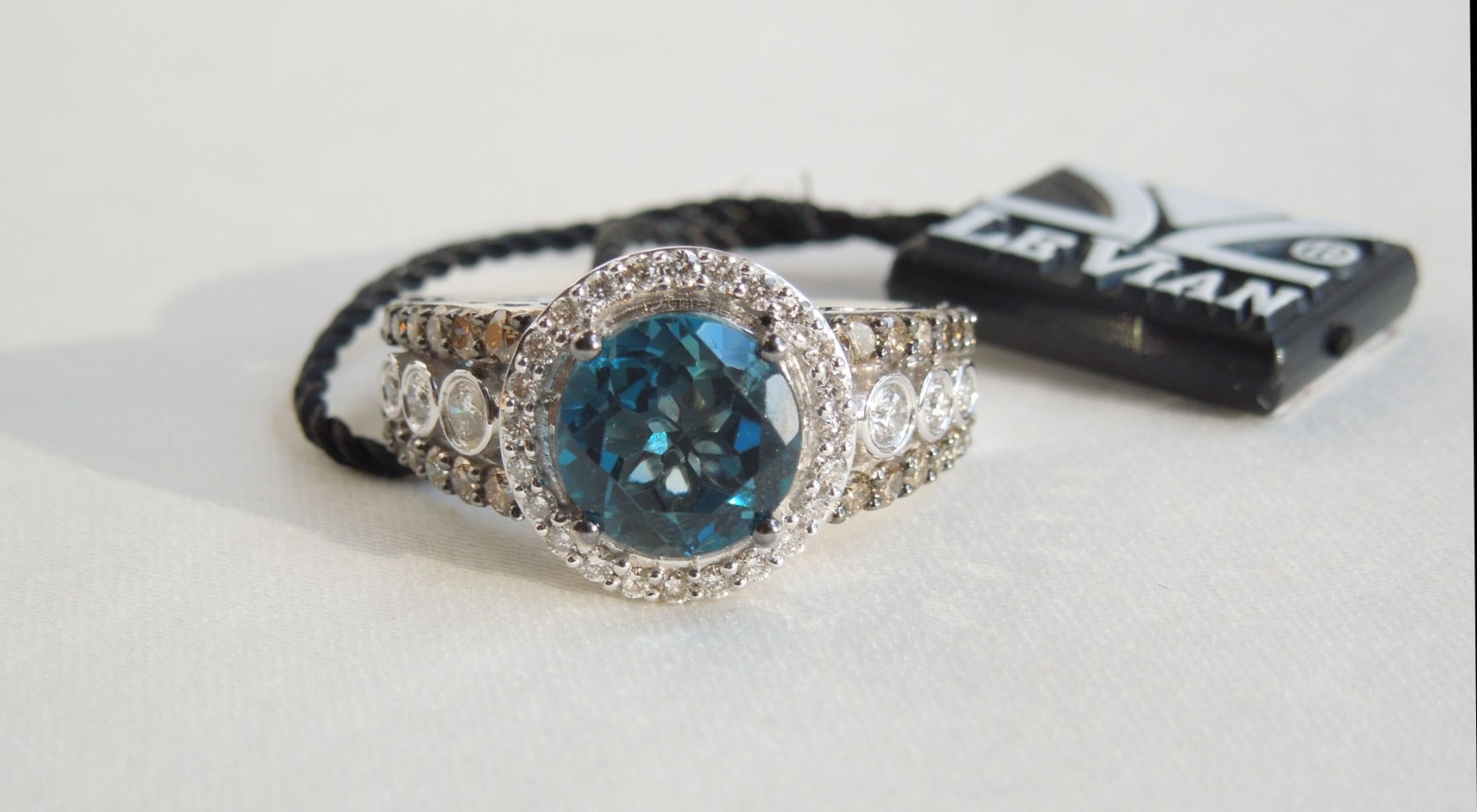 LeVian 14K White Gold 0.6+ ctw White & Brown Diamond Blue Topaz Ring $3,100 NWT