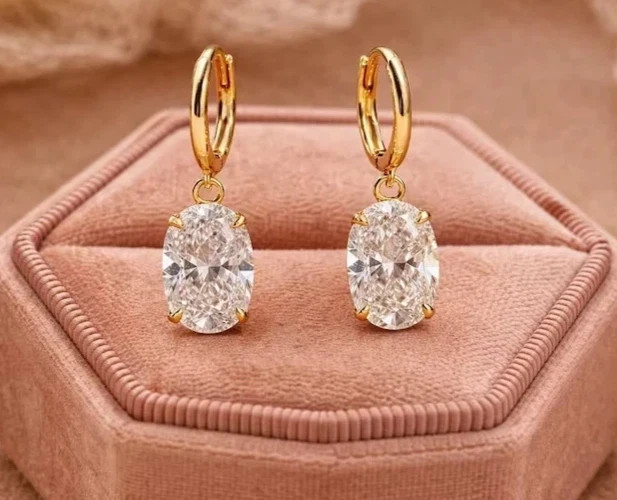 4 CT Oval EF-VS1 Lab Grown Diamond Drop Dangle Women Earrings 14K Yellow Gold