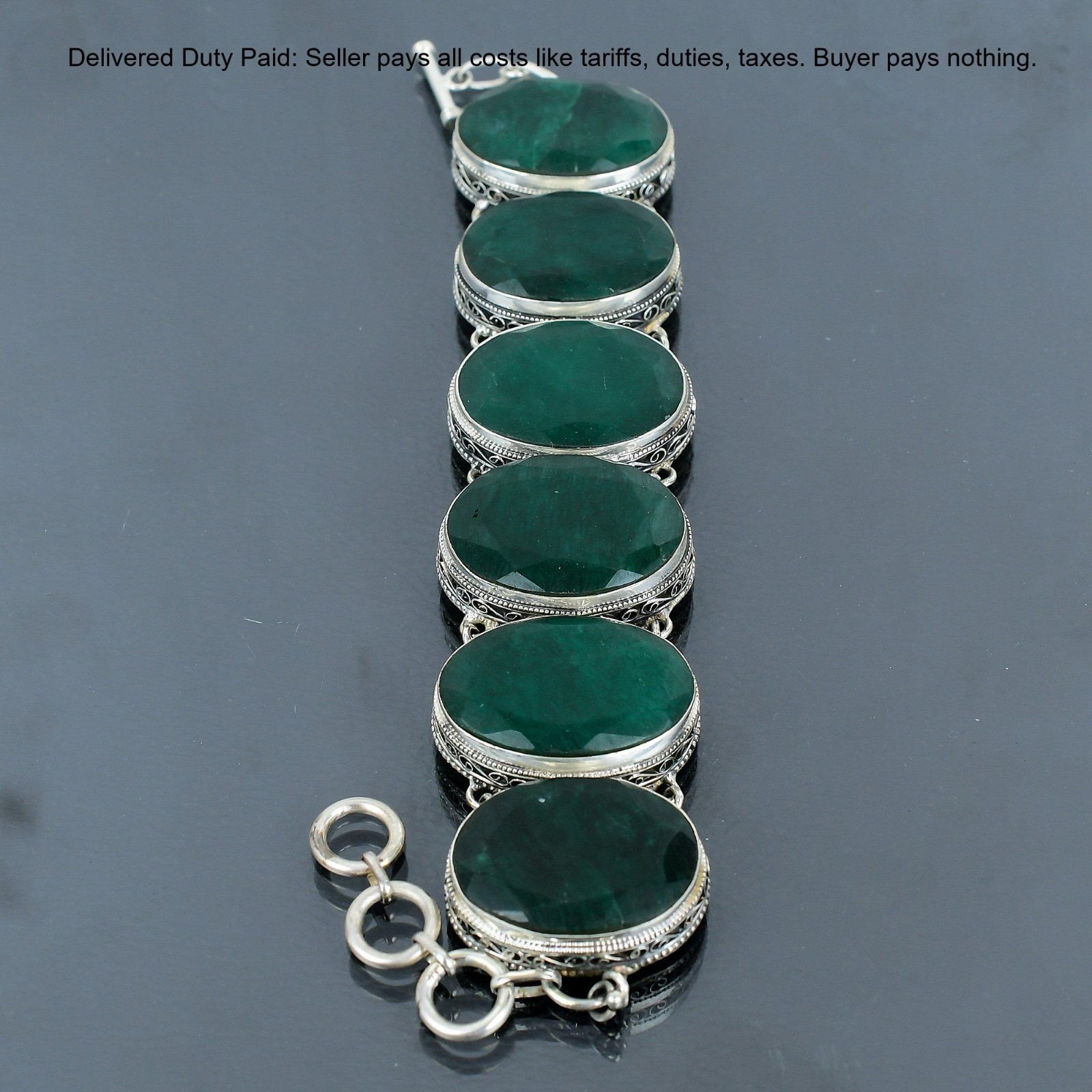 925 Sterling Silver Oval Natural Zambian Emrald New Vintage Wife Chain Bracelet