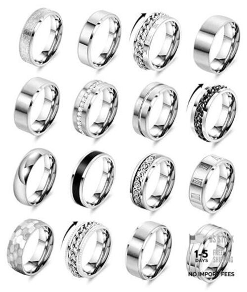 REVOLIA 16PCS Silver Rings for Men Stianless Steel Band Rings for Men Women 9