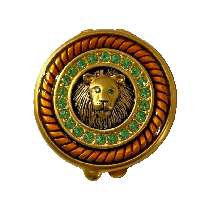 Vintage Signed Bob Mackie Gold-tone Enamel & Green Crystal Lion Trinket Pill Box