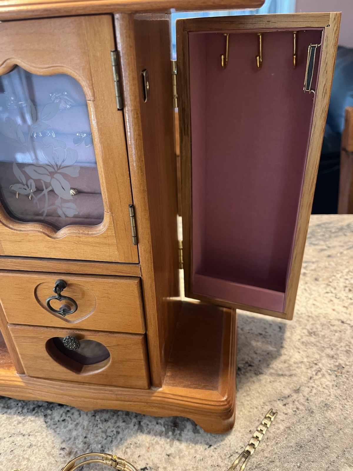 Vintage Wooden Table Top Armoire Style Jewelry Box & Gold Tone Jewelry Lot