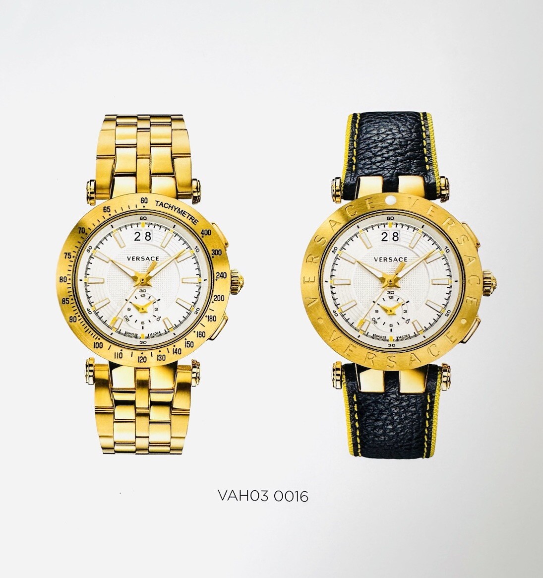 VERSACE WATCH STRAP , VAH , BLACK + YELLOW STITCHING YELLOW , TONGUE BUCKLE