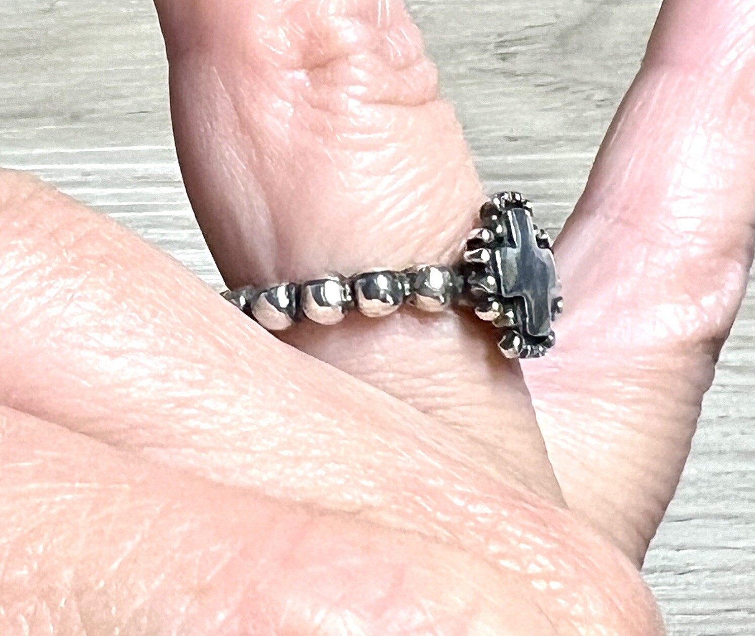 Designer Dian Malouf Sterling Silver Beaded Shank Cross Eternity Ring, Size 6.5