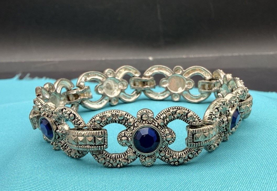 Art Deco Style Bracelet Moisonnite, Blue Saphhire Colored Cystals Silver 7.5”