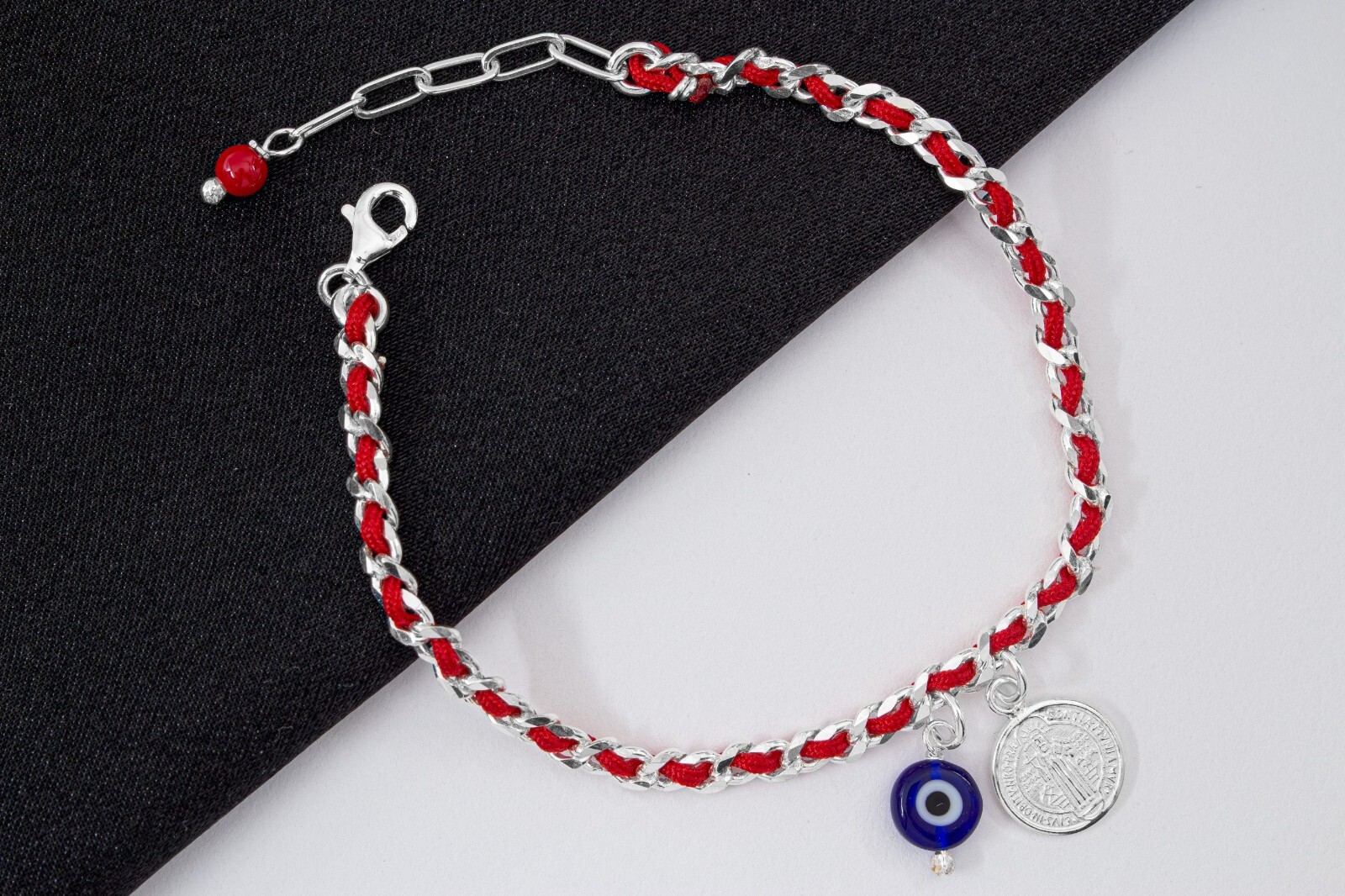 Pulsera Barbada, Hilo Rojo, Ojito y San Benito PLATA .925 HECHO EN MEXICO