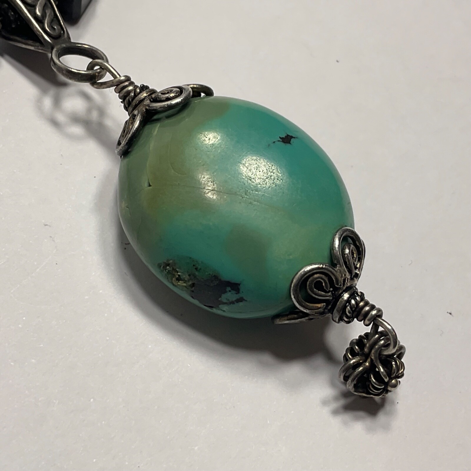 Vtg Genuine Turquoise Black Glass Beaded & Drop Pendant Necklace Earring Set 925