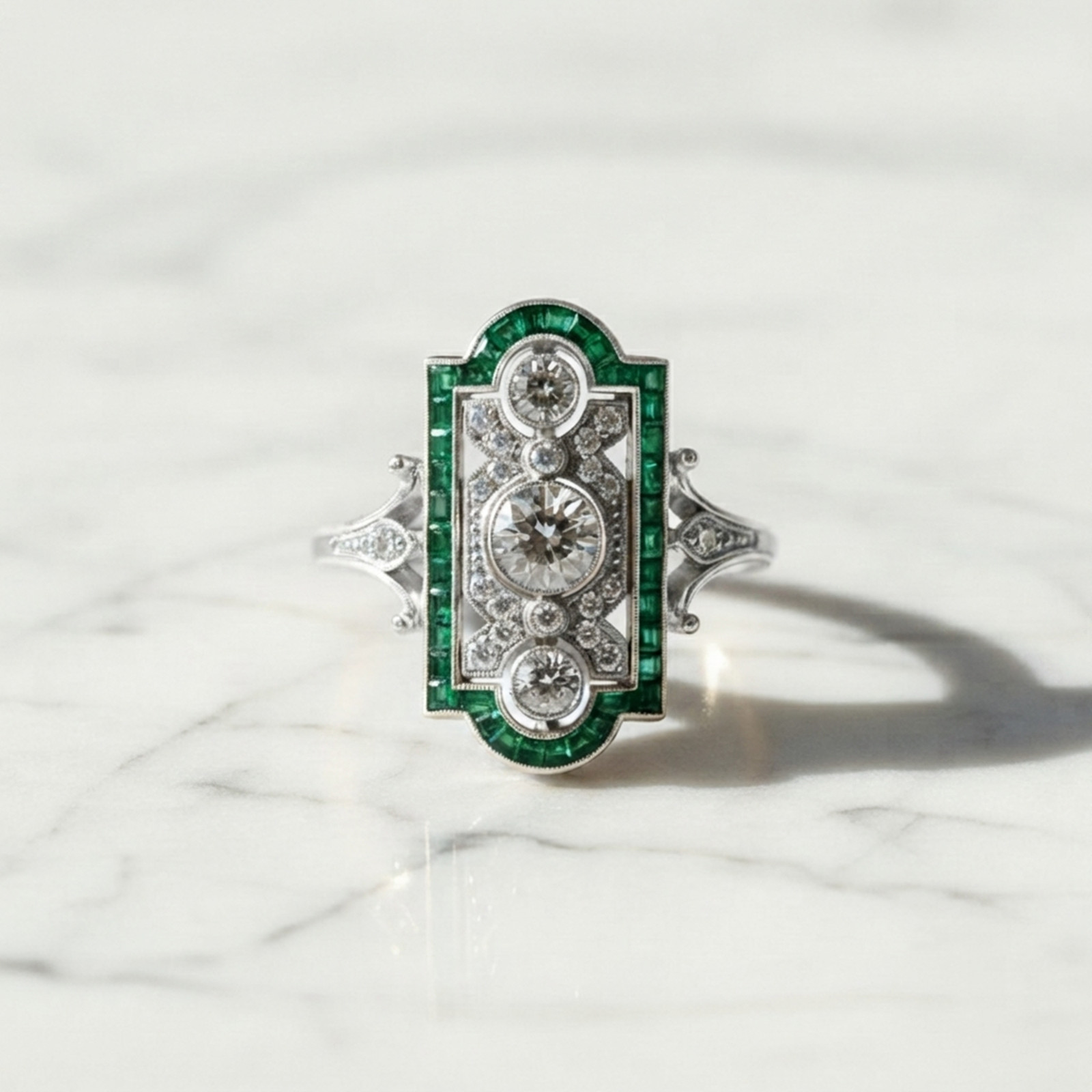 14K Gold Art Deco Bezel Set Round Simulated Diamond Trilogy Cocktail Dinner Ring