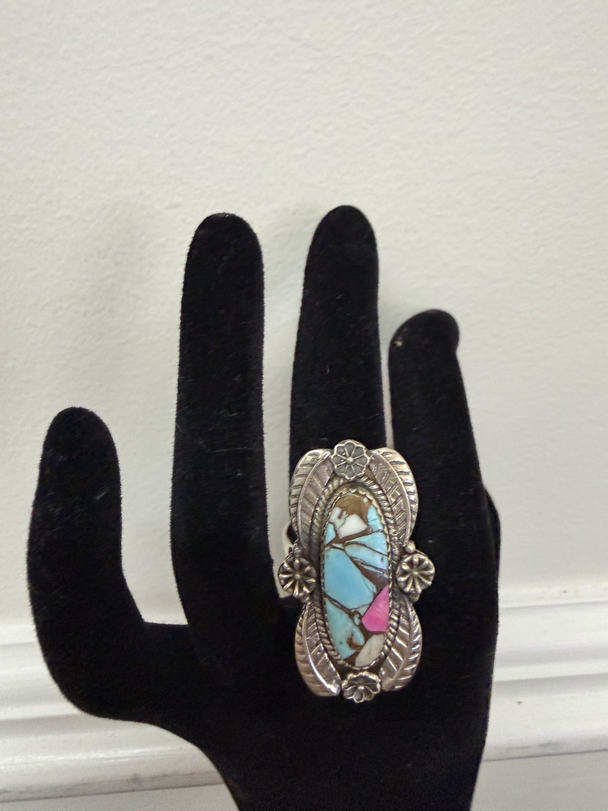 925 Sterling Silver Oval Cotton Candy Turquoise Inlay Statement Ring Size 7.5