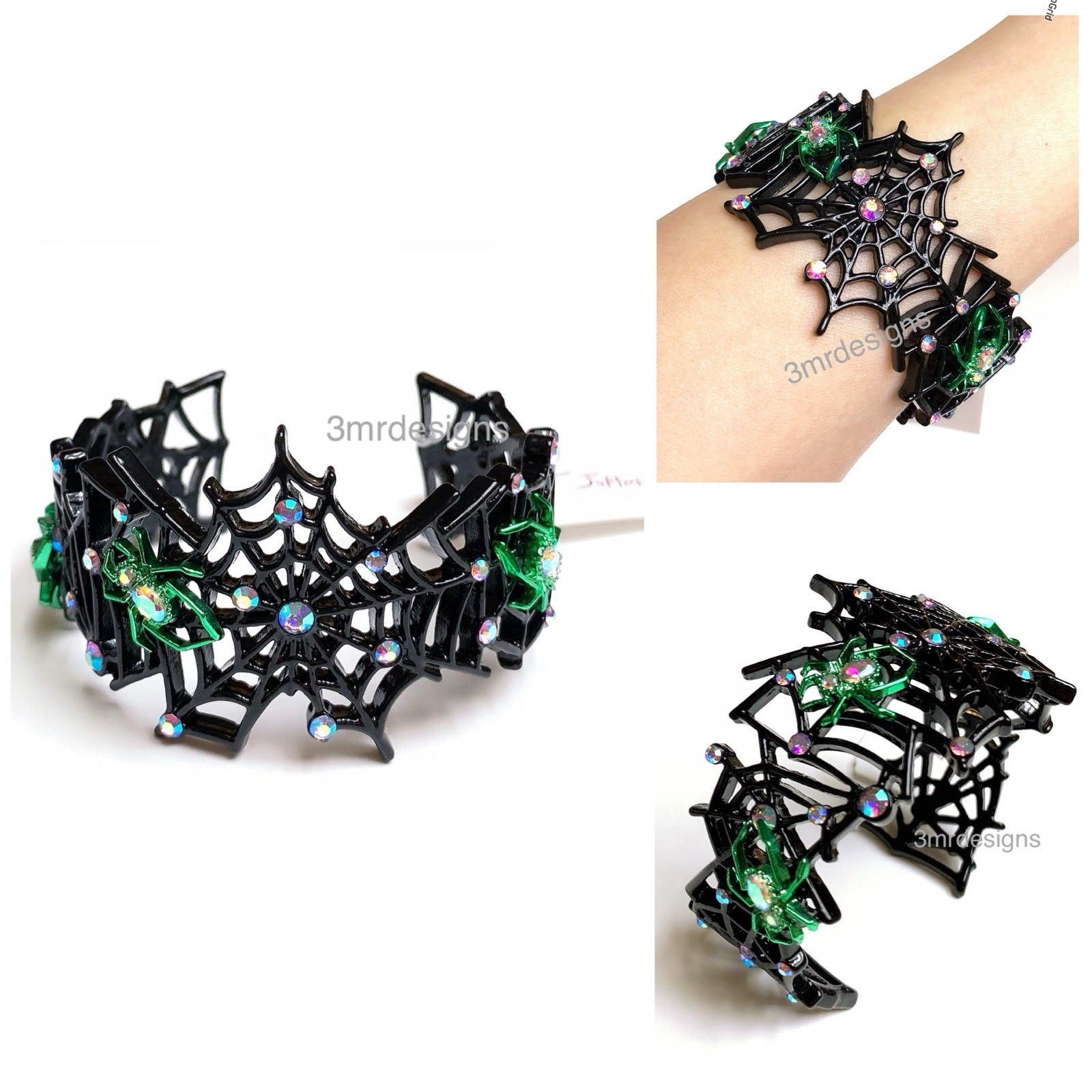 NWT Betsey Johnson SPIDERWEB Black Coated Metal Glass Crystals Cuff Bracelet