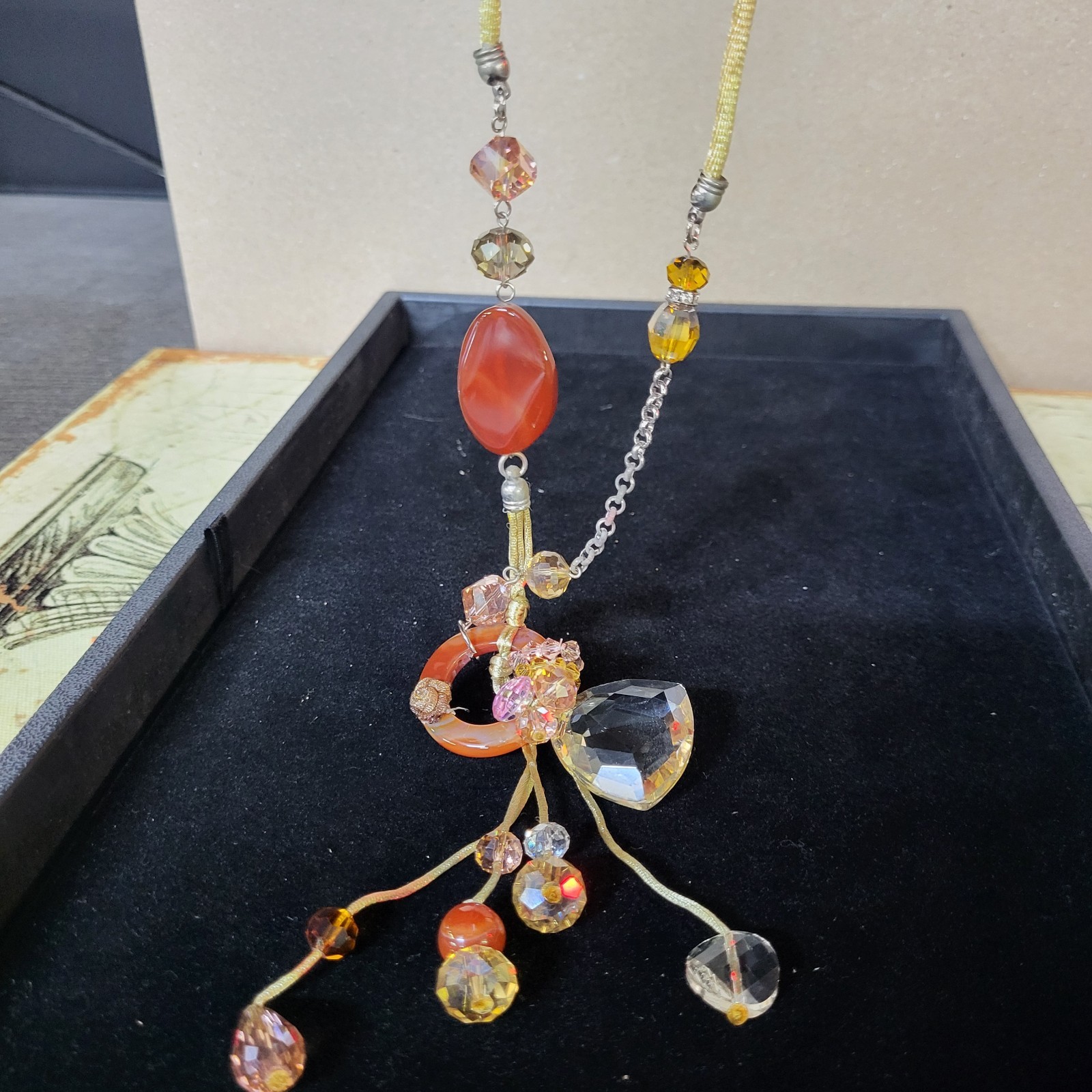 Murano Crystal Necklace Pendant Drops Venetian Glass Cord Adj. VTG STUNNING Boho