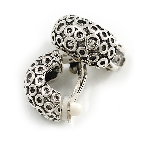 C Shape Pattern Clip On Earrings In Aged Silver Tone – 20mm L