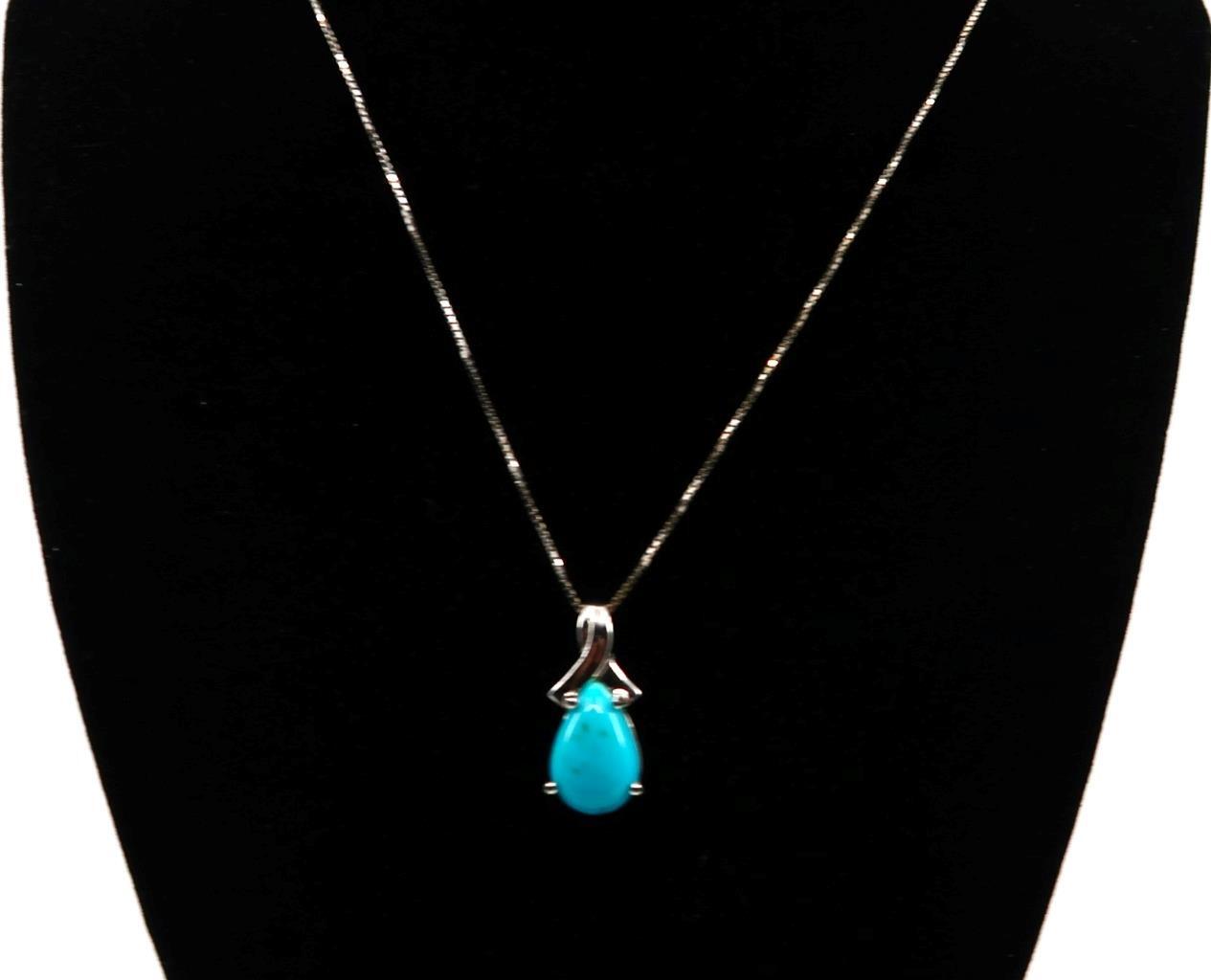 BBJ, Bangkok, Sterling Silver 925 Tear Drop Turquoise Pendant & Necklace, 18-20″