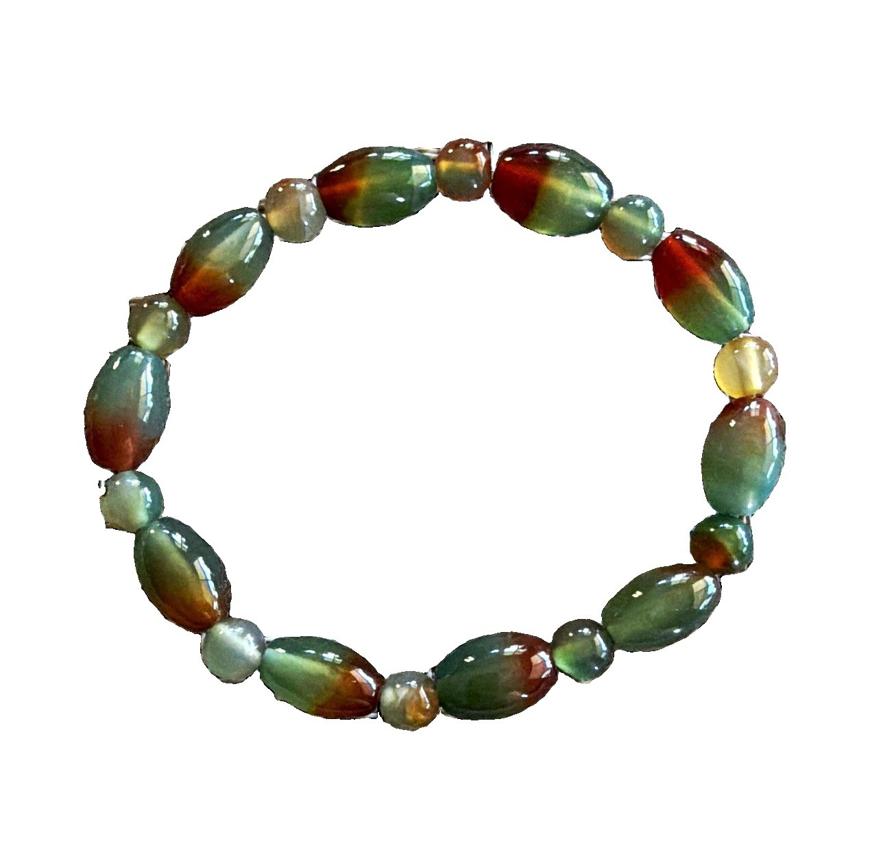 Multicolor Oval Agate Gemstone Beaded Stretch Bracelet Green Orange Yellow