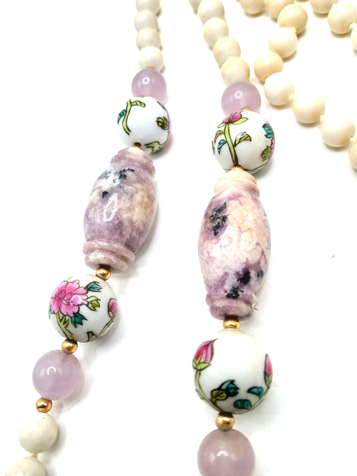 Vintage Porcelain Hand Painted Beads 32 In Necklace w Amethyst and Stone Beads