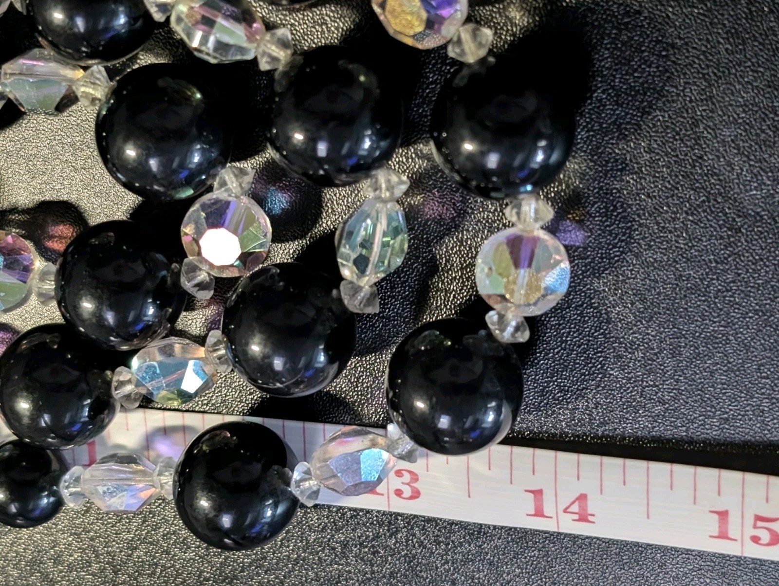 Vintage 1950s Black Aurora Borealis AB Crystal Bead Necklace 3 Strand Multi Bib