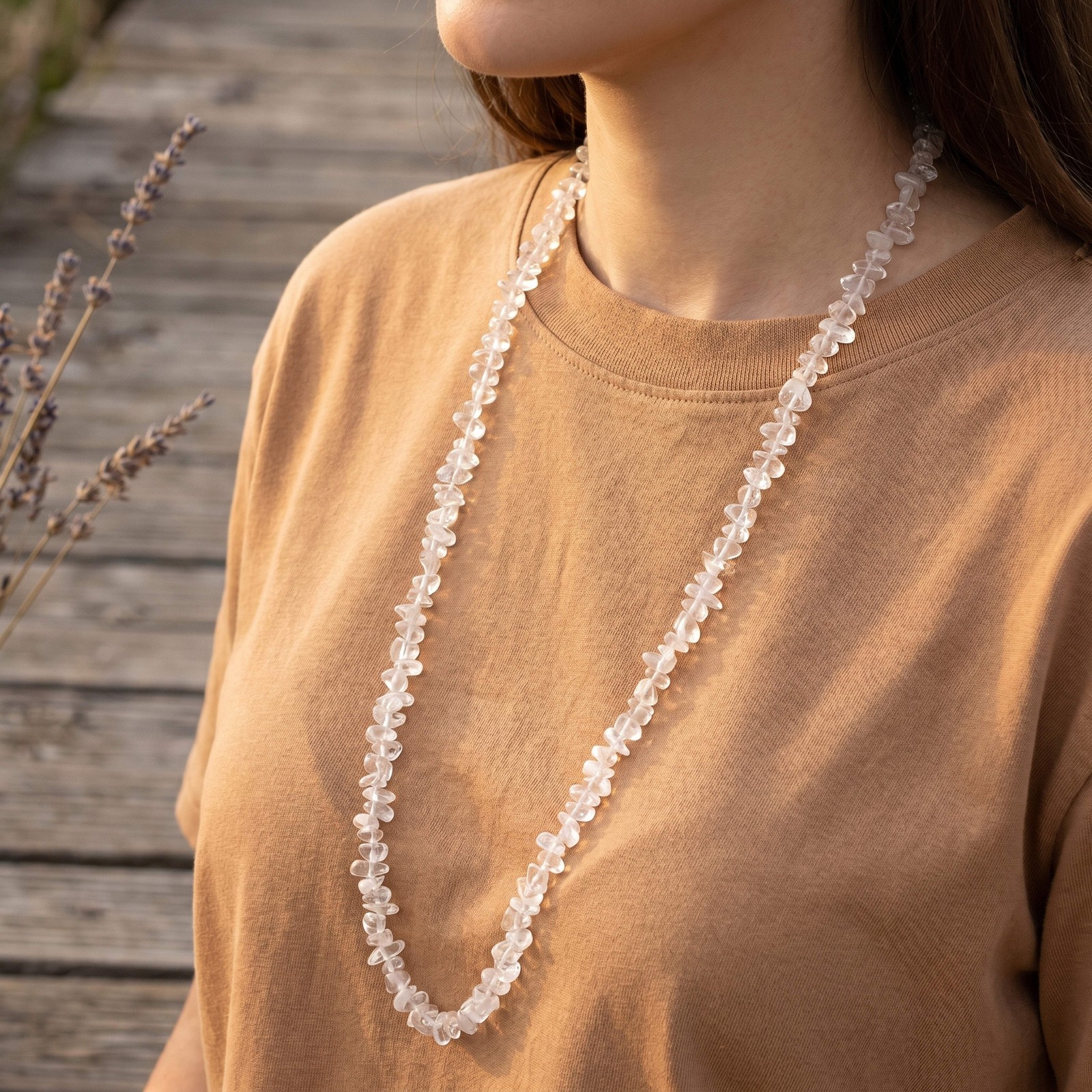 Rock Crystal Sliver Necklace Long Endless No Clasp Gemstone Healing Stone 90cm